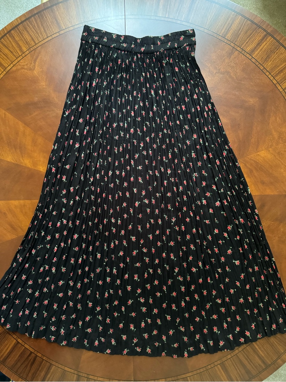 Black Pleated A-Line Maxi Skirt with Pink Floral Print - Women's
